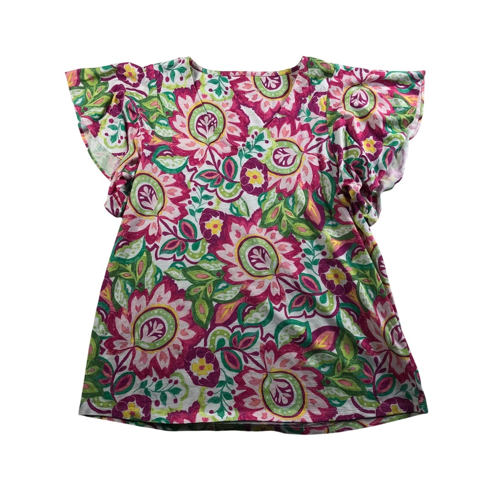 Soft Surroundings Pink Green Floral Paisley Flutter Sleeve V-Neck Top XL 2GK39